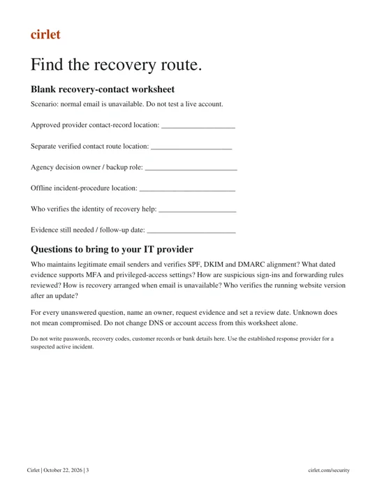 Actual kit page 3: recovery contact worksheet